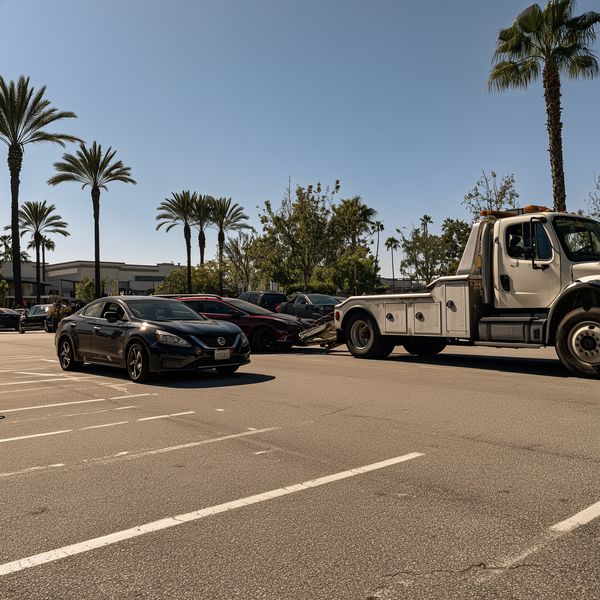 A tow truck lifting a car in a sunny shopping center parking lot lined with palm trees