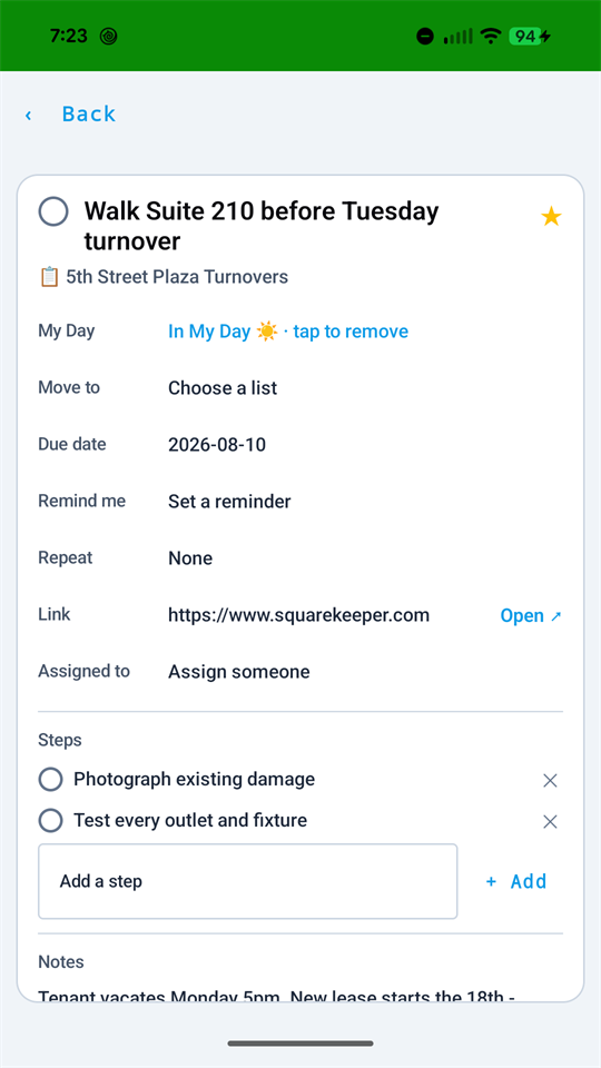 A to-do opened - due date, reminder, and steps