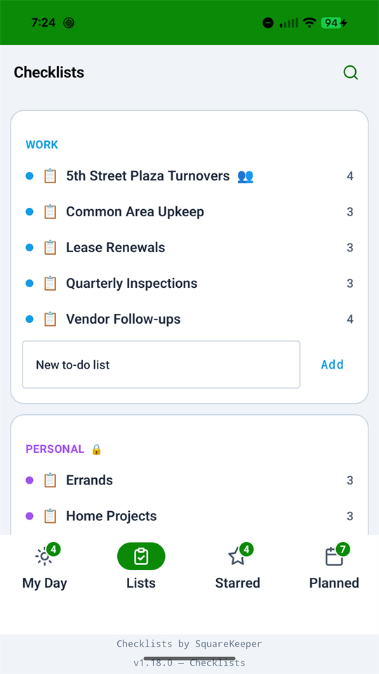 Lists - work and personal spaces side by side