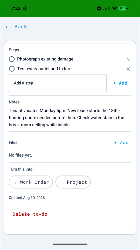 Turn this into - a to-do becoming a work order or project