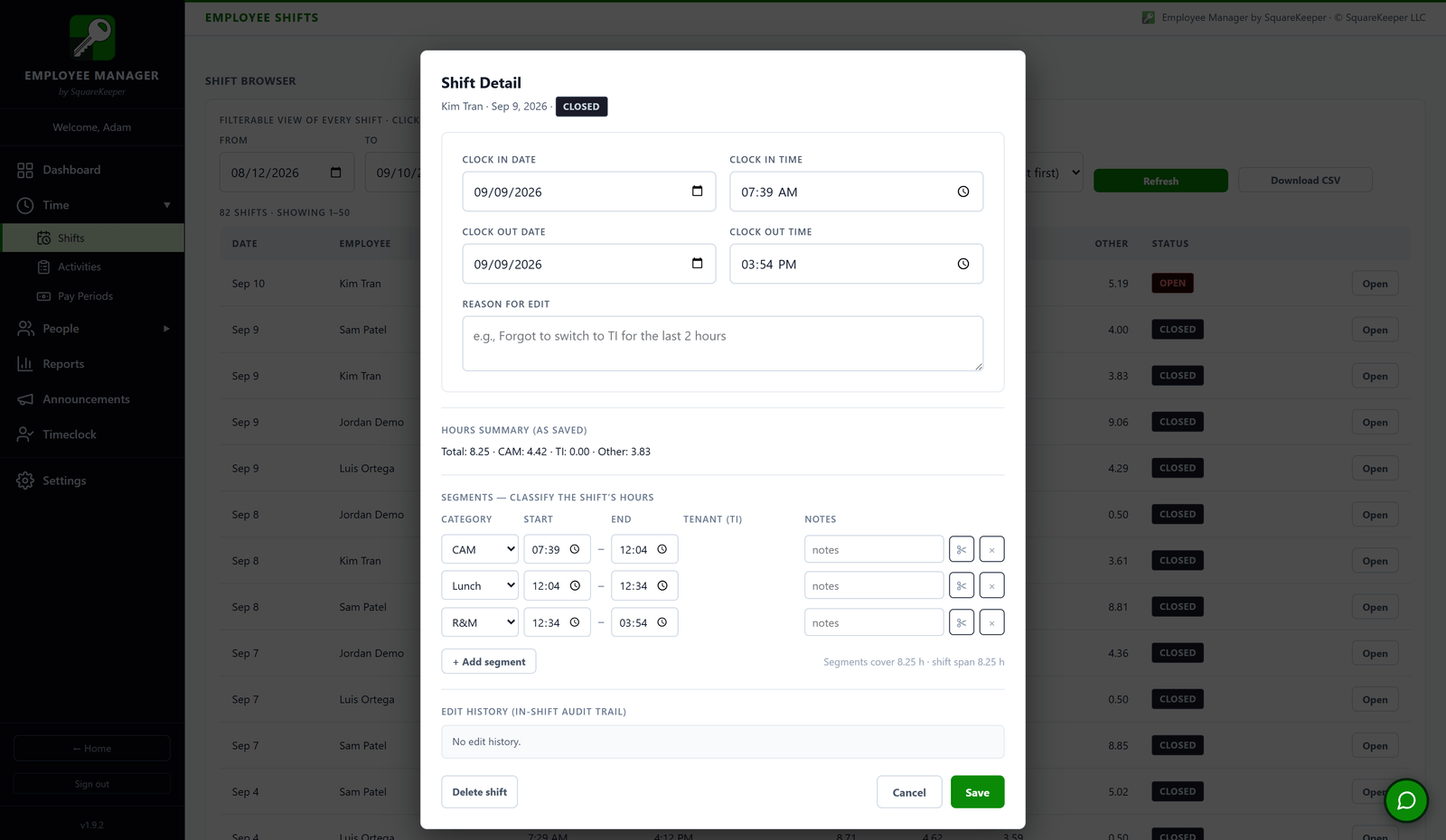 A shift detail: clock in and out times, hours classified into common-area, tenant, and lunch segments, and an edit audit trail