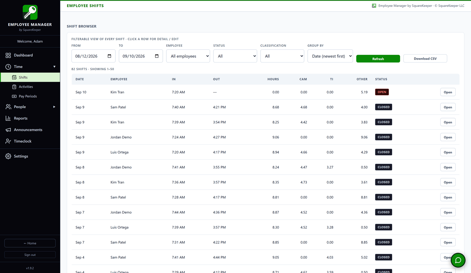 The Employee Manager shift browser: every shift filterable by person, date, and classification, with a CSV export