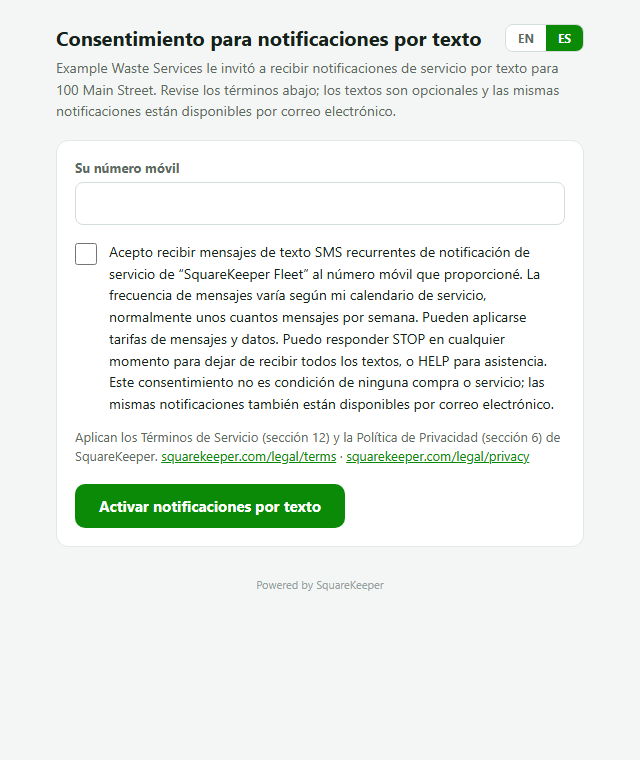 The same SquareKeeper Fleet web consent page rendered in Spanish, with the identical unchecked consent box, full consent statement, disclosures, and legal links.