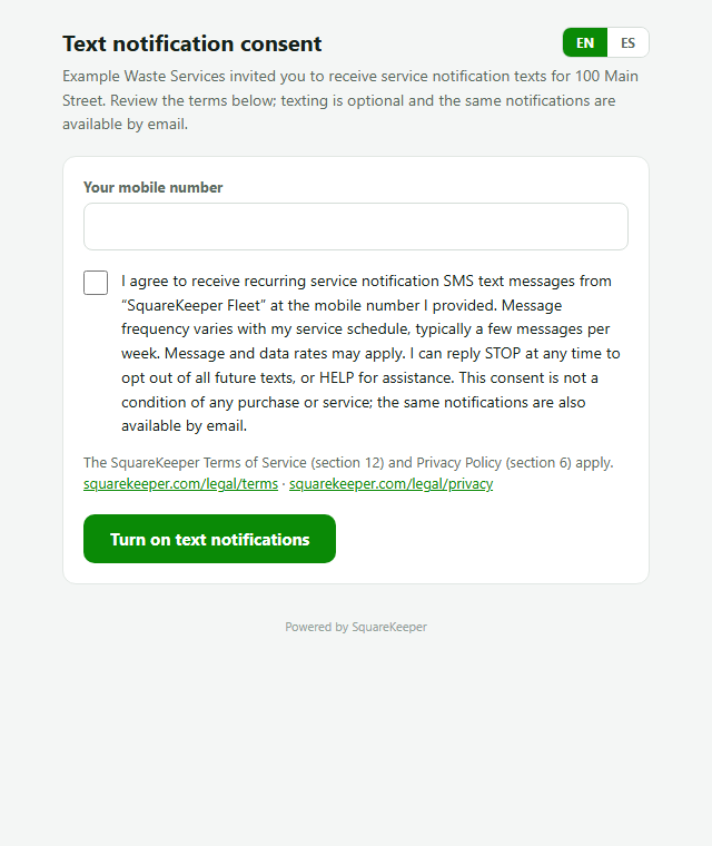 The SquareKeeper Fleet web consent page in English: a mobile number field; an unchecked consent box beside the consent statement with message frequency, message and data rates, STOP and HELP, not-a-condition, and available-by-email disclosures; Terms of Service and Privacy Policy links; a Turn on text notifications button.