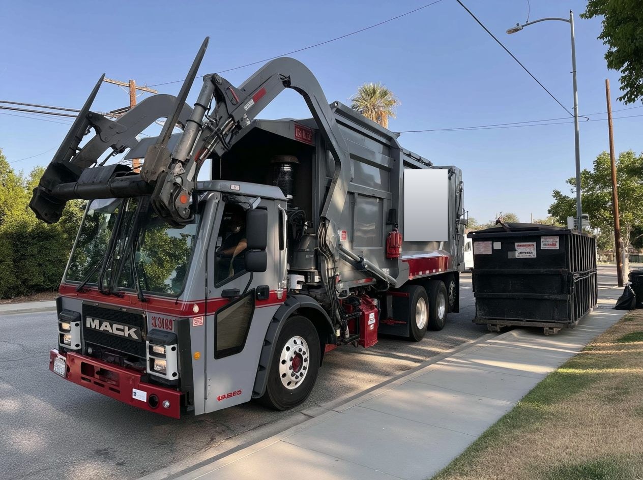 A front-loader collection truck servicing containers at a commercial property