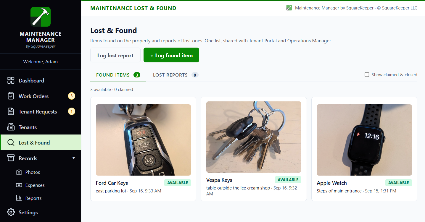 Maintenance Manager Lost & Found: three found items, each logged with a photo and marked available: a set of car keys from the east parking lot, a set of scooter keys from a table outside the ice cream shop, and a smartwatch from the steps of the main entrance