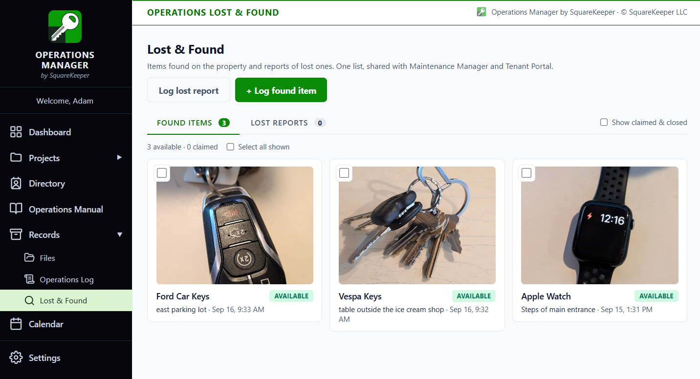 Operations Manager's Lost & Found: the property's three found items, each logged with a photo and marked available, with the owner's select checkbox on every card
