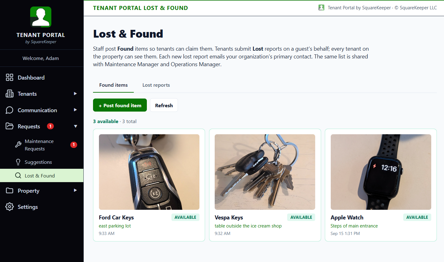 The Tenant Portal office dashboard's Lost & Found: the property's three found items, each logged with a photo and marked available
