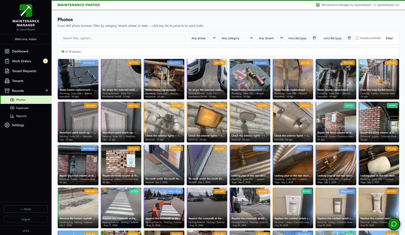 Maintenance Manager photo gallery: before, progress, and after photos from every work order, filtered by tenant, phase, or date