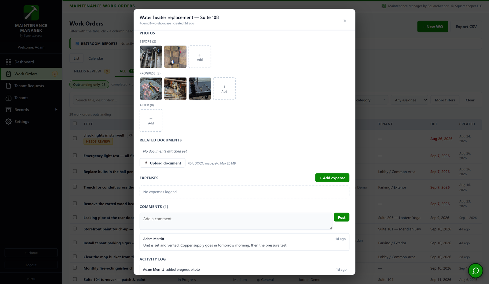Maintenance Manager on the desktop: one work order with its photos, comments, and a log of every step