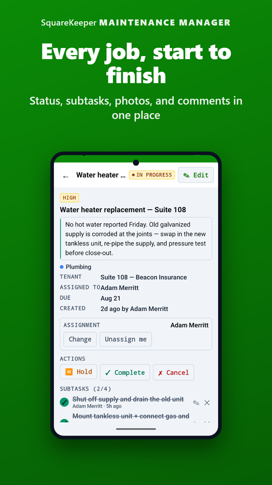 Every job, start to finish - status, subtasks, photos, and comments in one place