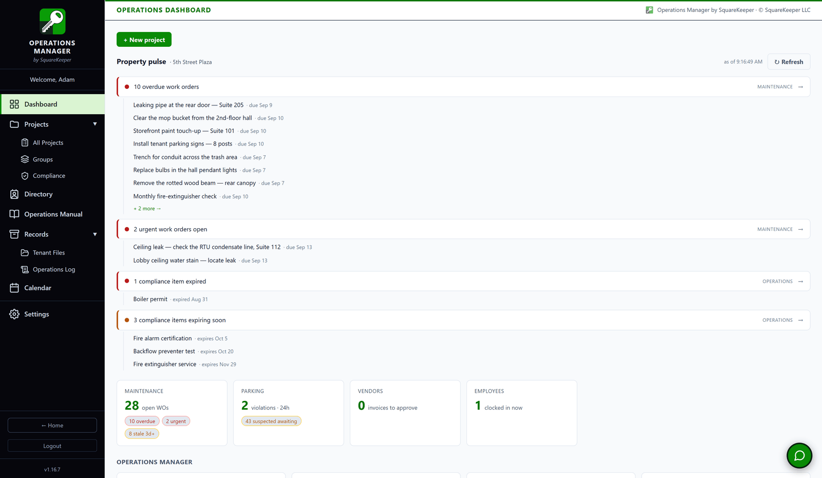 Operations Manager dashboard: the property pulse ranks overdue and urgent work orders and expiring compliance items, with live tiles from Maintenance, Parking, Vendors, and Employees