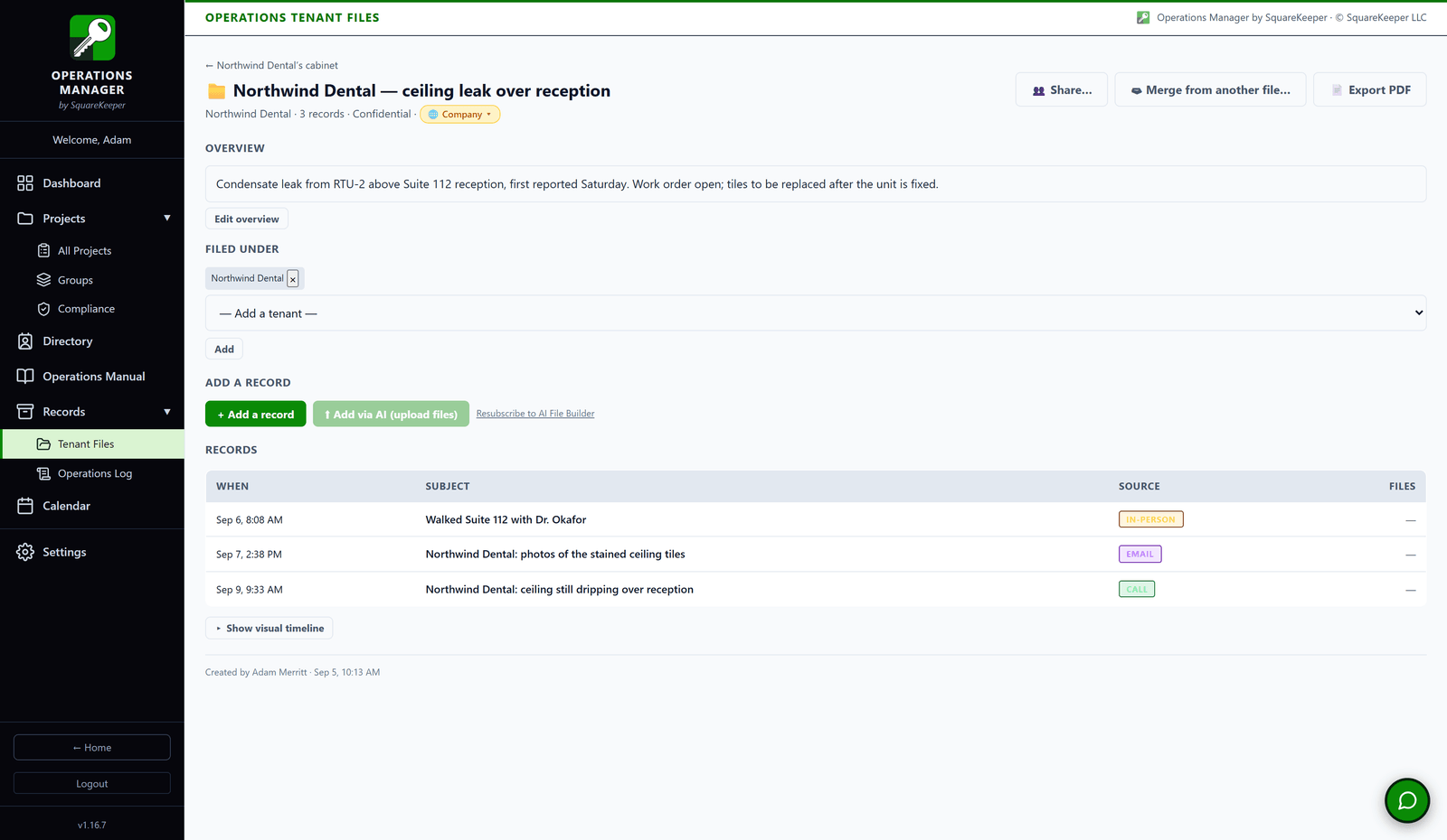A tenant file in Operations Manager: a dated, sourced record of every call, email, and in-person visit about one issue, ready to export as a PDF