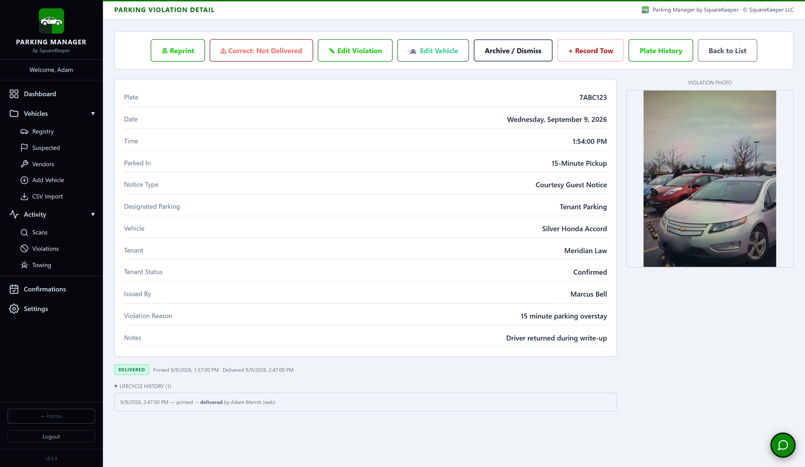 Parking Manager on the desktop: one notice with its photo, the delivered status, and a history of every step