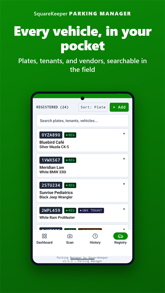 Every vehicle in your pocket - plates, tenants, and vendors, searchable in the field