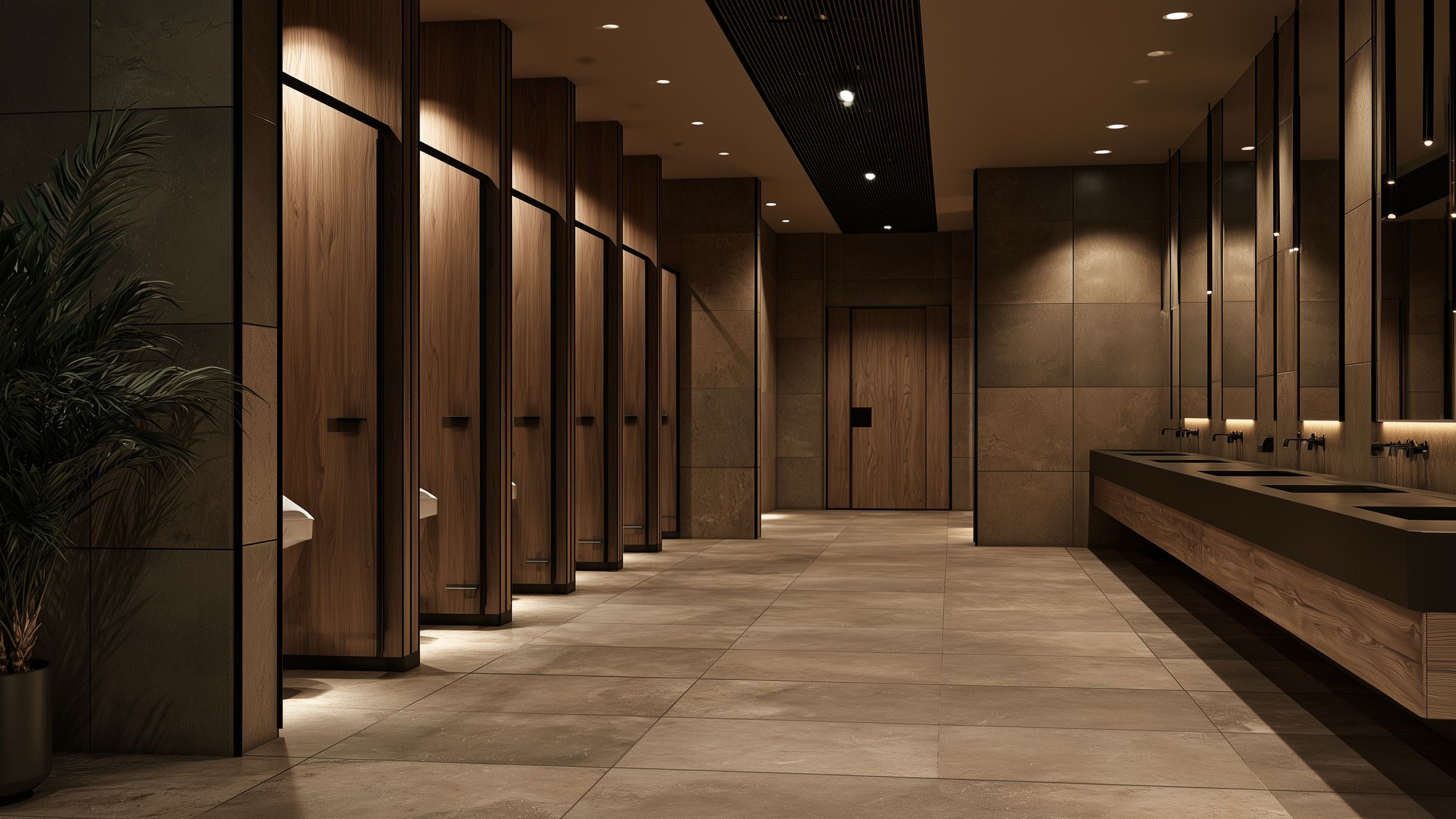 A modern public restroom with wood-panelled stalls, a row of sinks and warm lighting