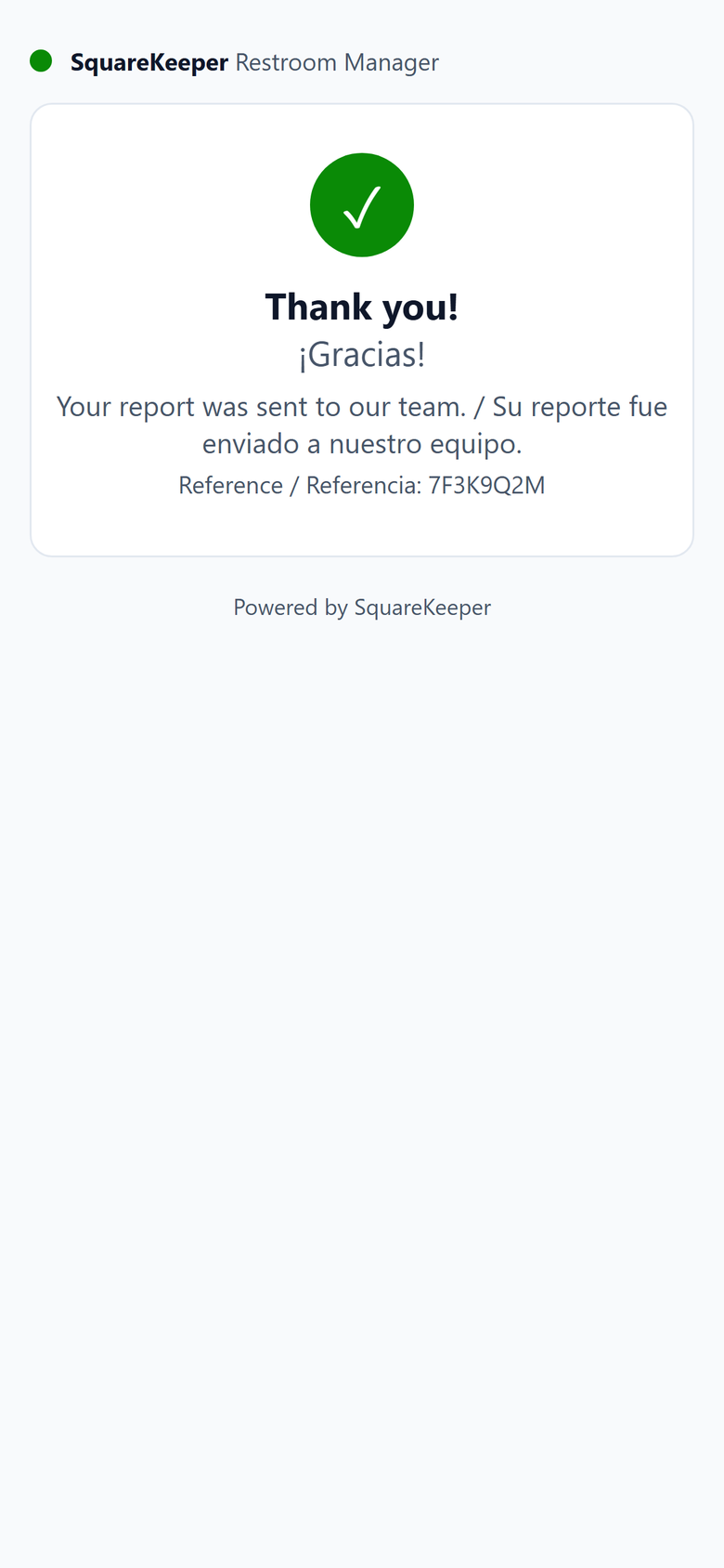 The thank-you page after sending a report