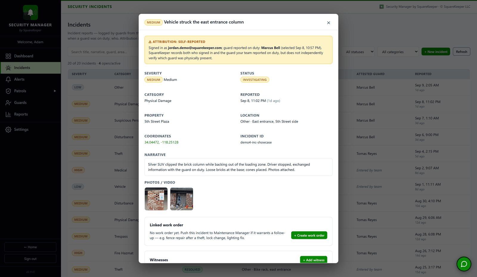 A Security Manager incident record: severity, category, location, narrative, and photos, with a self-reported attribution banner naming the guard on duty