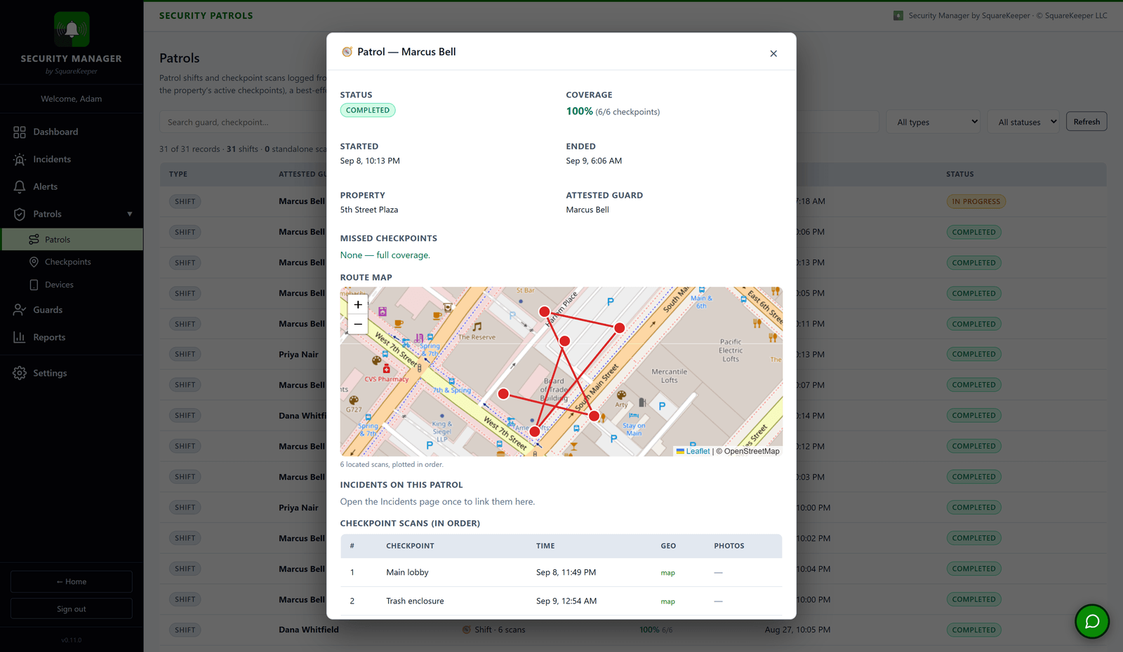 A Security Manager patrol record: a route map of where the guard walked, 100 percent checkpoint coverage, and the checkpoint scans in order