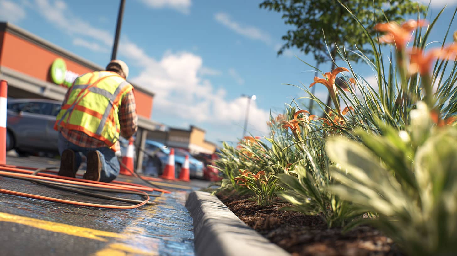A maintenance worker in a hi-vis vest kneeling at a commercial property in bright sunlight