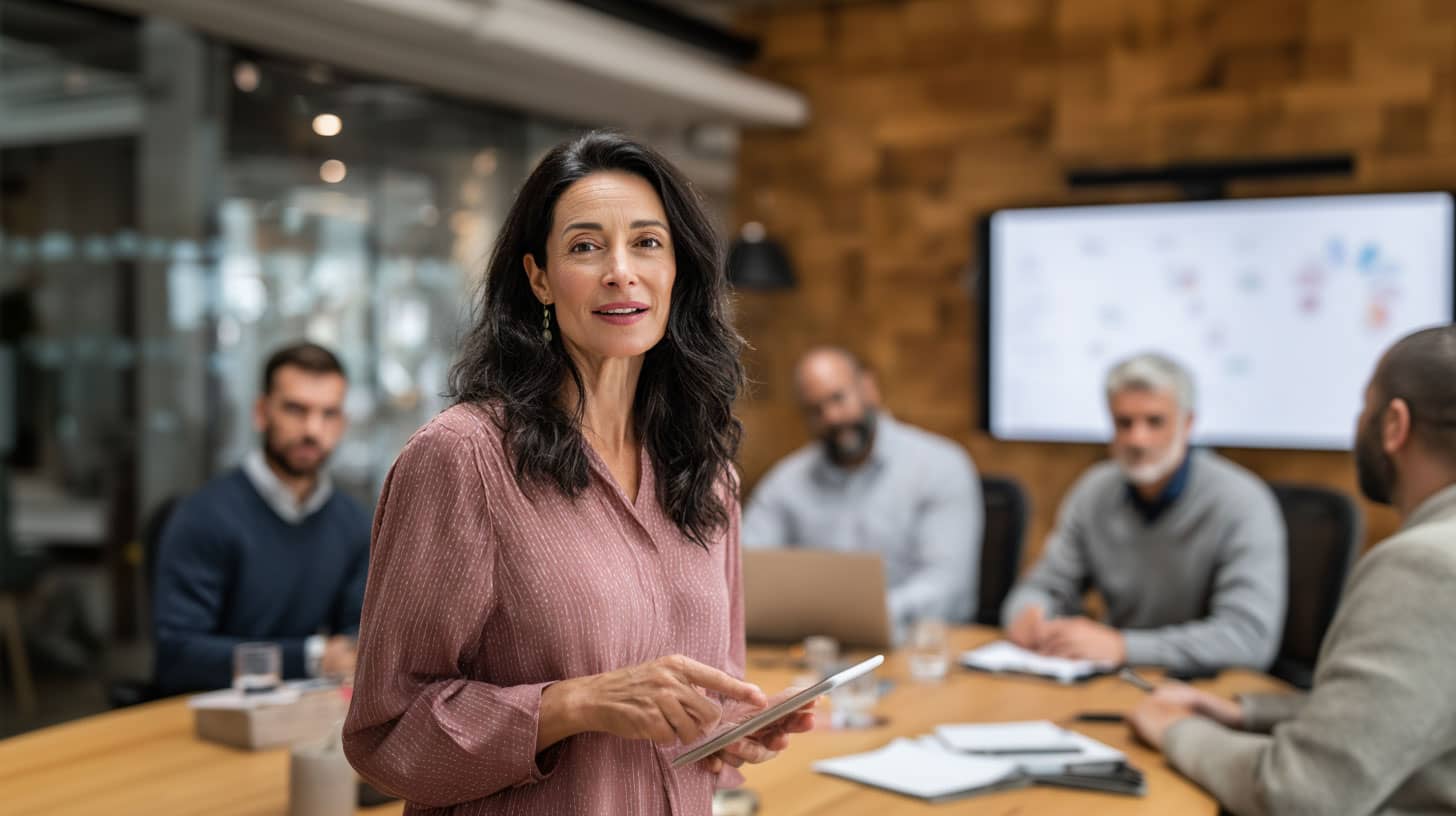 A property operations manager presenting from a tablet to her team in a modern conference room