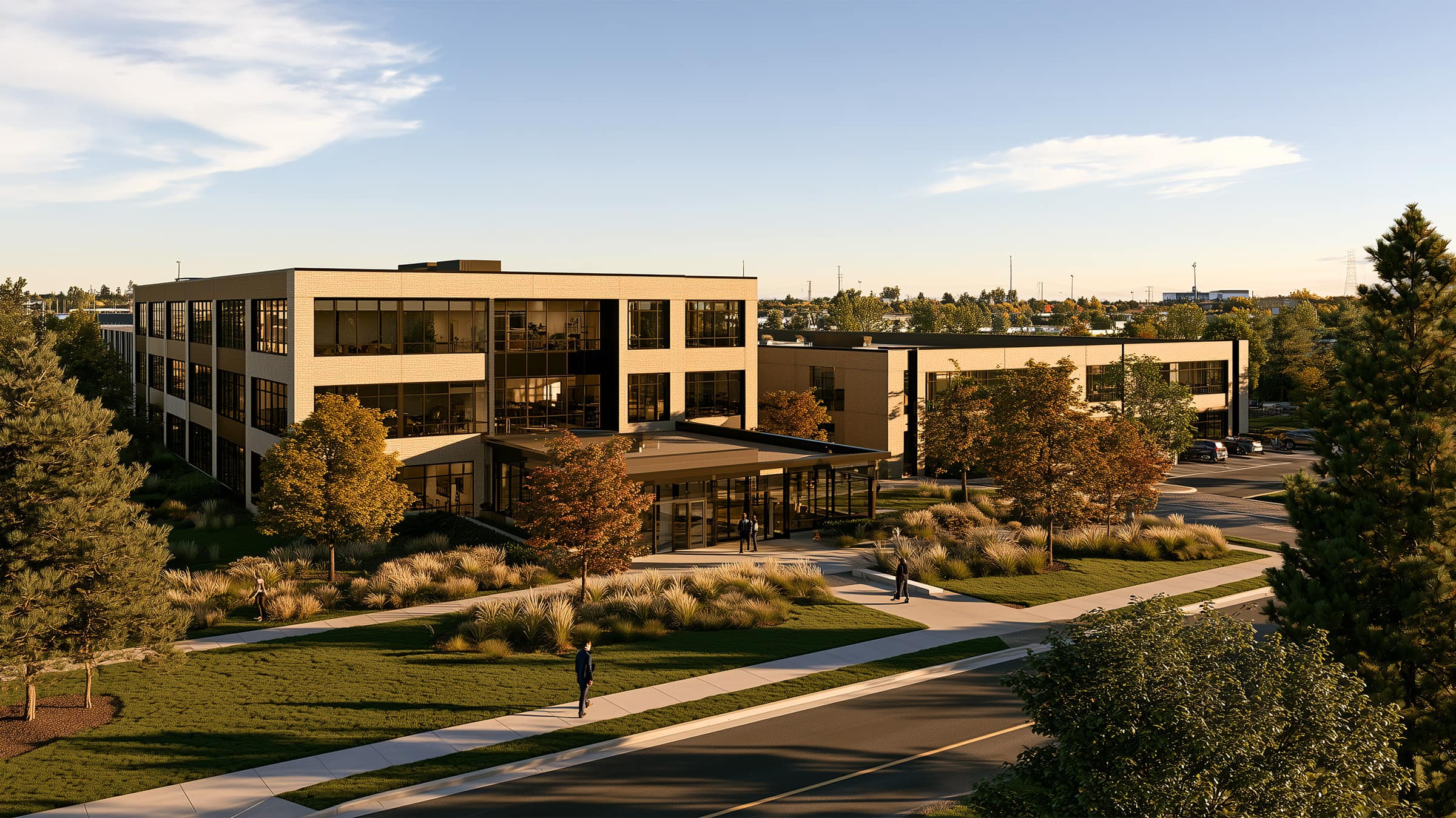 A low-rise commercial office property at golden hour, landscaped walkways leading to the main entrance