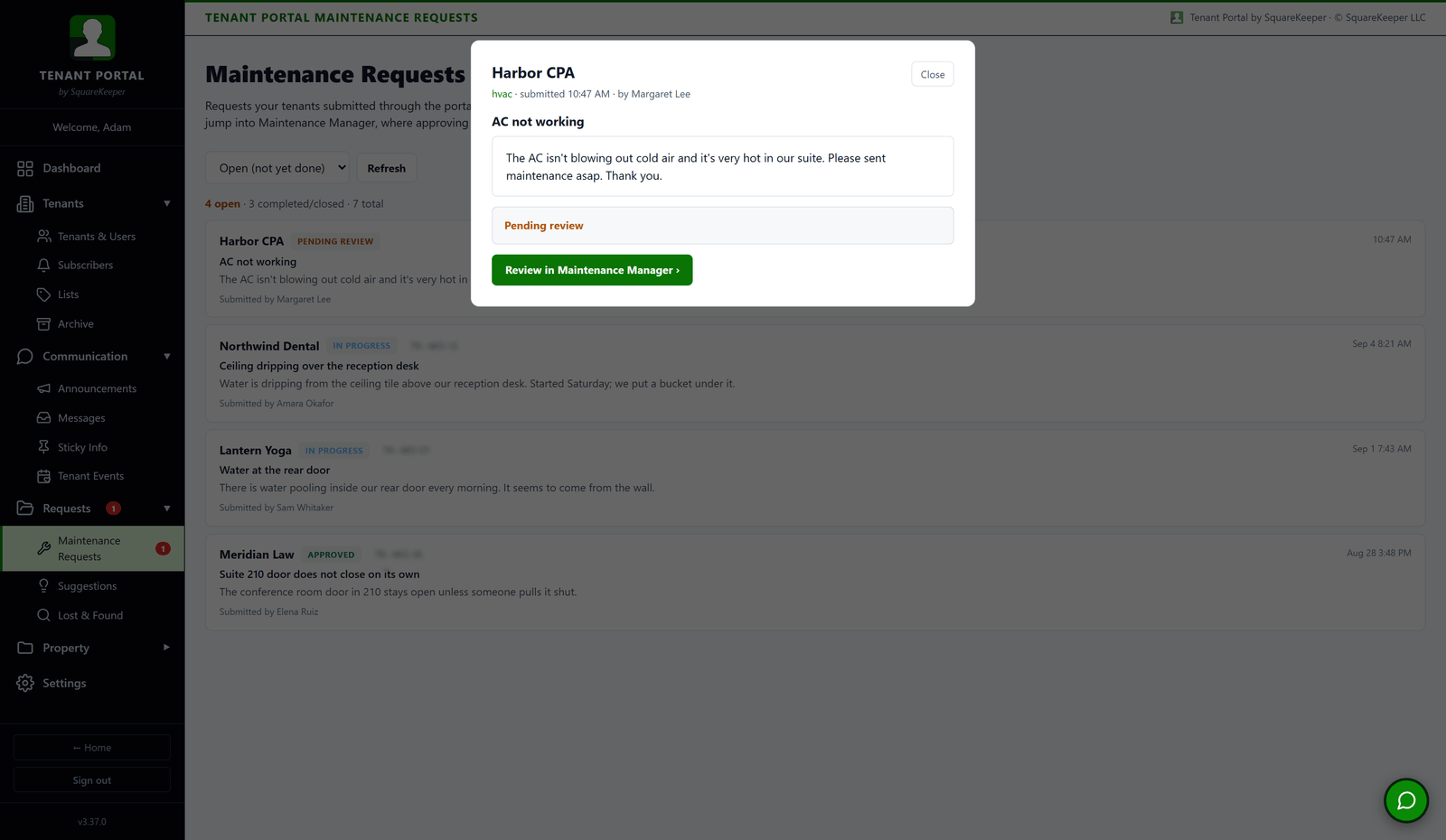 A tenant's maintenance request opened in the Tenant Portal admin: who filed it, what they wrote, its status, and a button to review it in Maintenance Manager