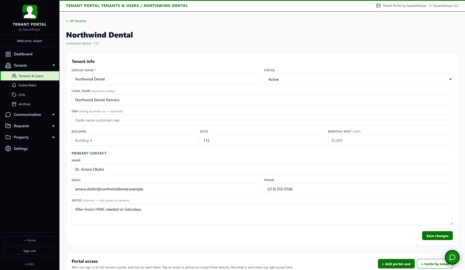 A tenant record in the Tenant Portal admin: business details, suite and rent, primary contact, and portal access