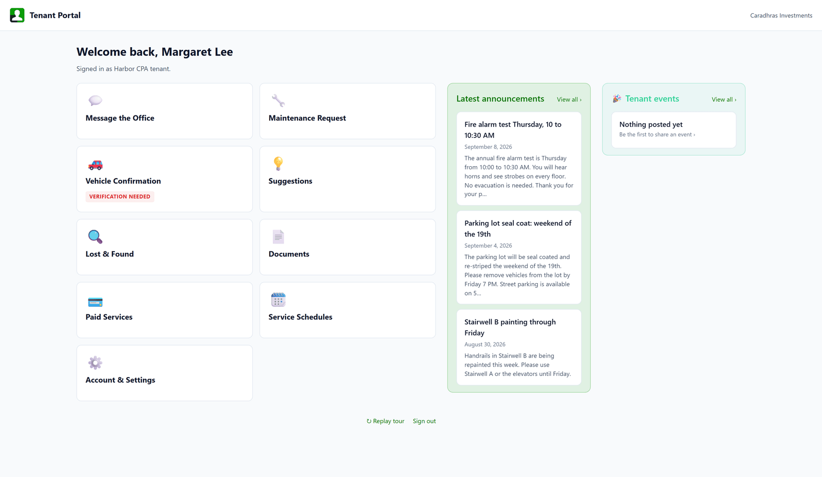 The tenant's own portal home at portal.squarekeeper.com: message the office, file a request, confirm a vehicle, announcements, documents, and lost and found
