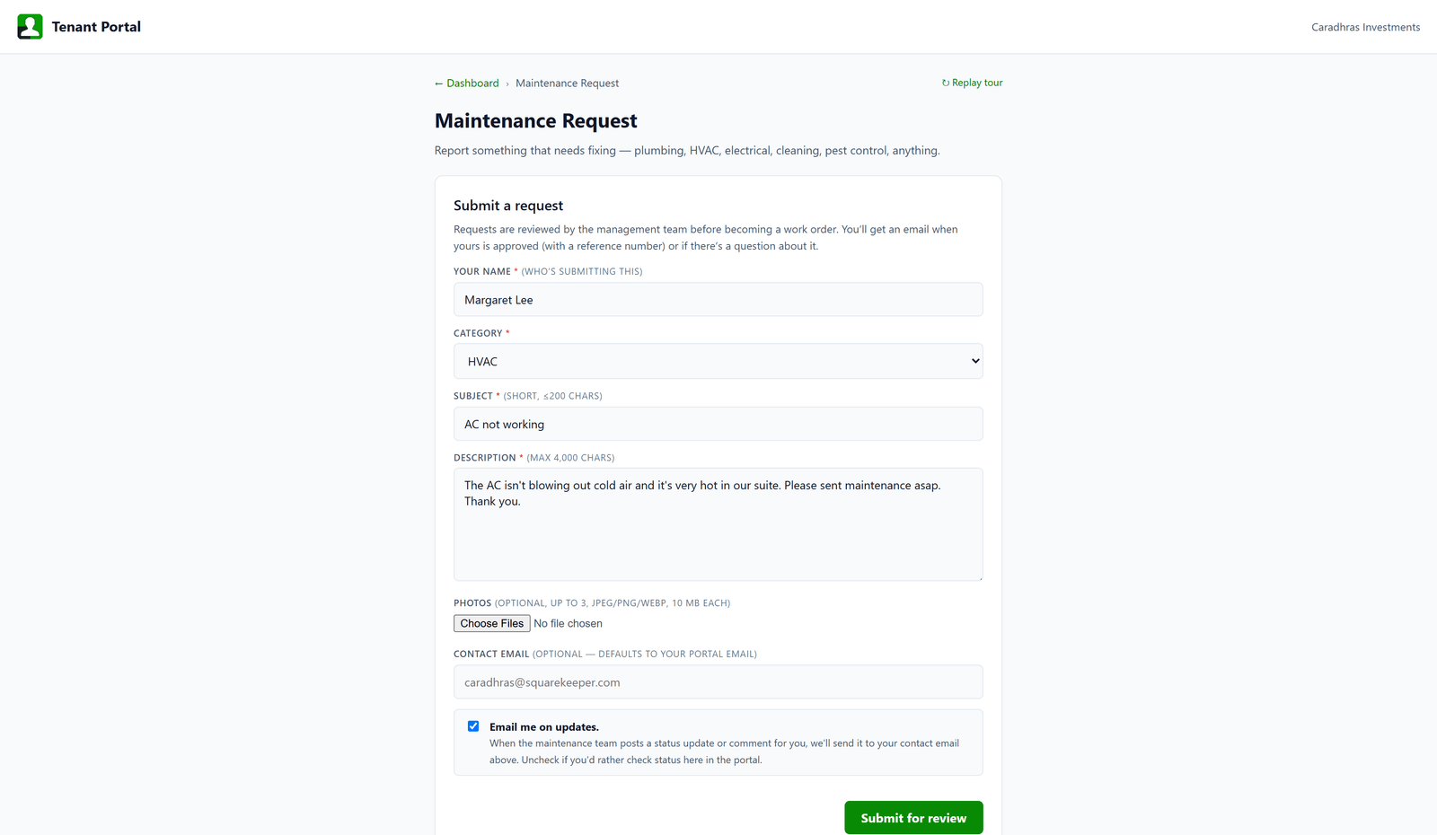 A tenant filing a maintenance request from their own portal: category, subject, description, optional photos, and email updates