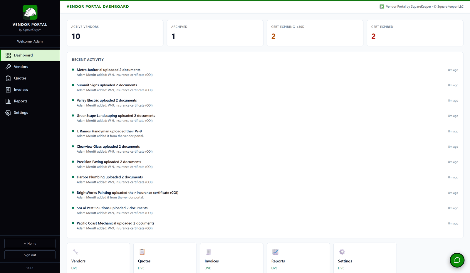 The Vendor Portal dashboard: active vendors, insurance certificates expiring or expired, and recent document-upload activity