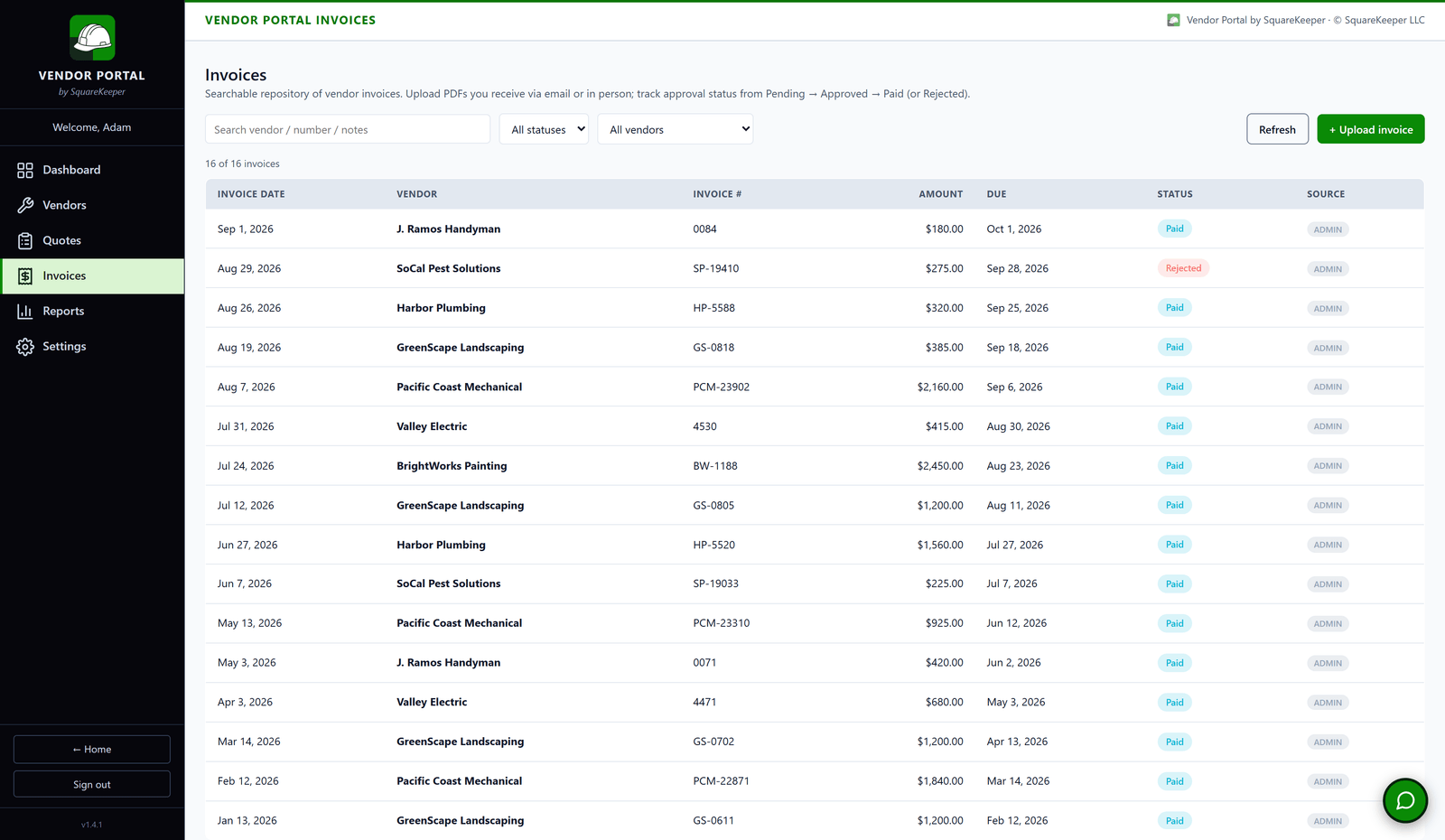 The Vendor Portal invoice repository: every vendor invoice with its number, amount, due date, and approval status