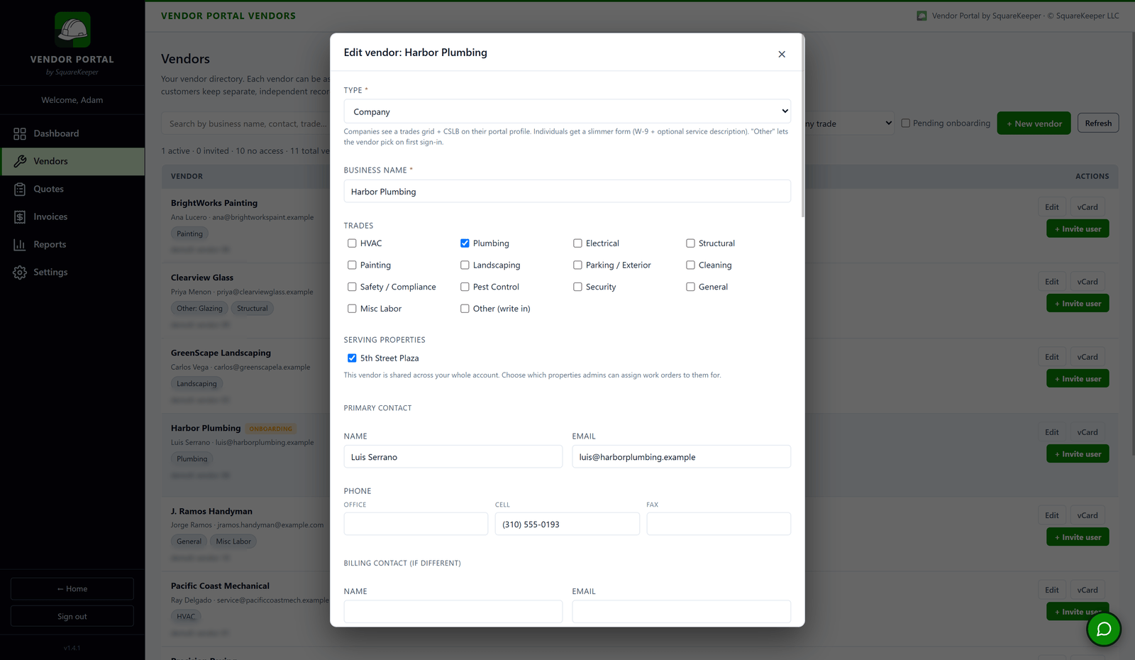 A vendor record in the Vendor Portal admin: business type, trades, the properties they serve, and primary contact