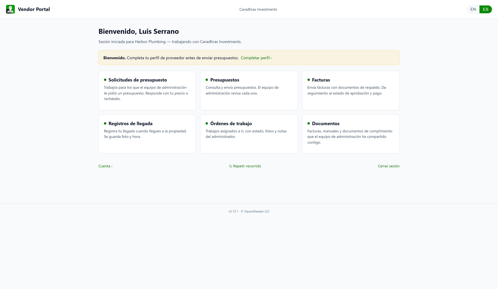 The same vendor portal home in Spanish, every label and button translated, selected with the language toggle