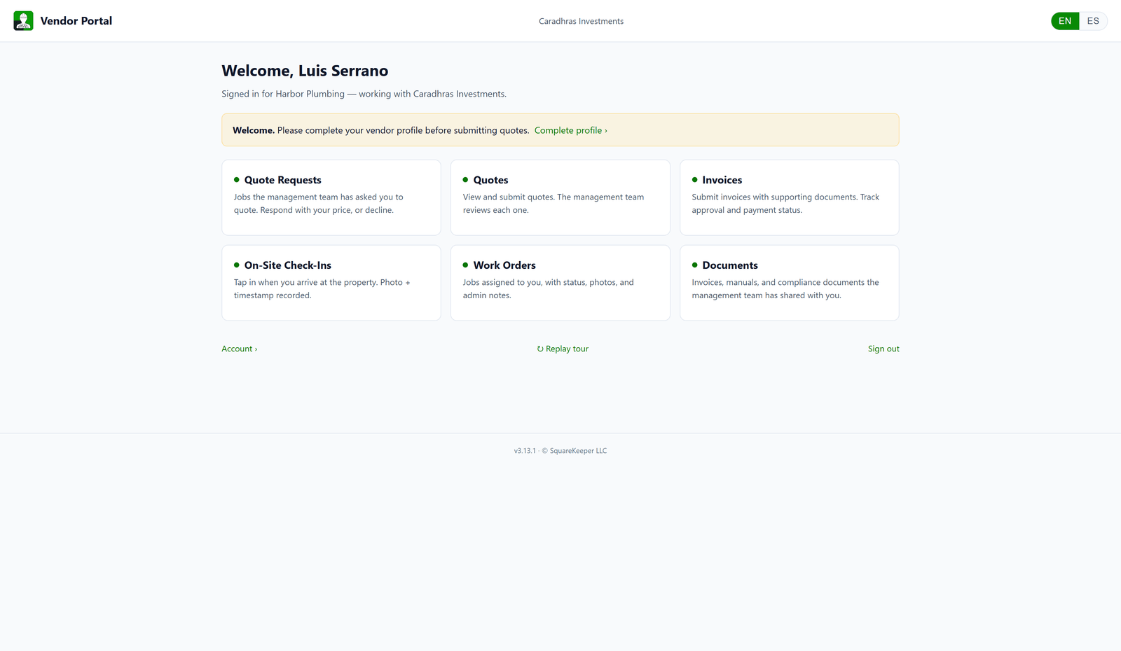 The vendor's portal home in English: quote requests, quotes, invoices, on-site check-ins, work orders, and documents