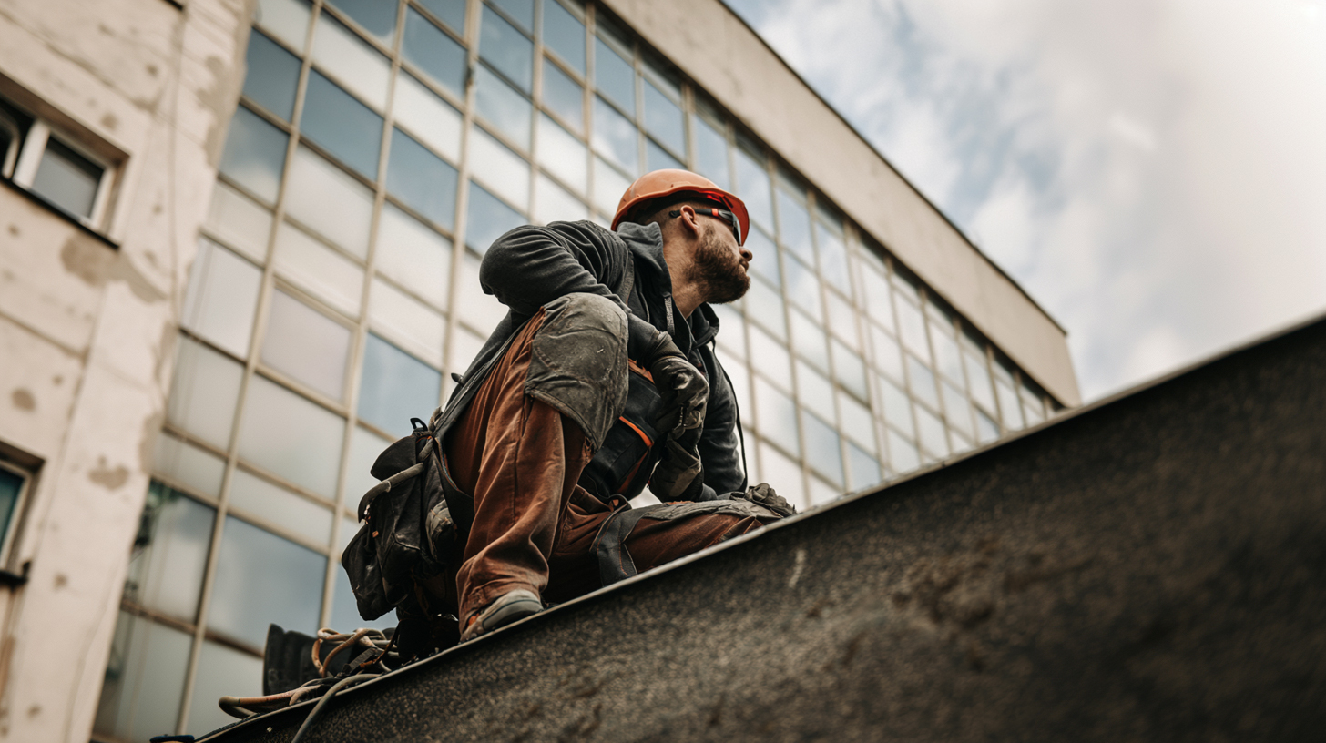 A contractor in a hard hat and tool harness at work on a rooftop, a commercial building behind him