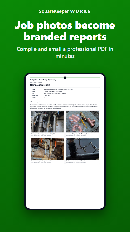 Job photos become branded reports - a compiled PDF report in the SquareKeeper Works app